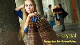  Presentation with woman pushing shopping trolley - Colorful presentation theme enhanced with waste money - pretty young woman with shopping backdrop and a tawny brown colored foreground