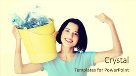  Presentation with holding bucket while water droplet - PPT theme consisting of wastes biologicos - young smiling woman holding background and a cream colored foreground