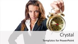  Presentation with alarm - Slide deck consisting of wasting time - businesswoman with alarm clock background and a white colored foreground