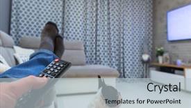  Presentation with remote - Slide deck featuring watch dogs game - man watching tv in living background and a light blue colored foreground