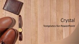  Presentation with brown leather - Slide set with watch lies on a wooden background and a coral colored foreground