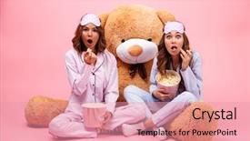  Presentation with girls night - Colorful PPT theme enhanced with watch night - two excited pretty girls dressed backdrop and a coral colored foreground