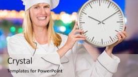  Presentation with chef - PPT layouts enhanced with watch night service - female chef holding clock outdoor background and a lemonade colored foreground
