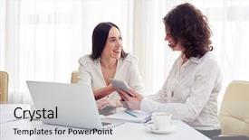  Presentation with village india women working - Beautiful PPT theme featuring watch others - two young smiling women working backdrop and a light gray colored foreground
