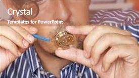  Presentation with craftsman - Cool new PPT theme with watch repair craftsman repairing watch focus on watch backdrop and a coral colored foreground