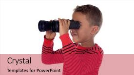  Presentation with child welfare - Presentation enhanced with watchful - latin child looking through binoculars background and a red colored foreground