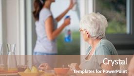  Presentation with home cleaning service - Cool new presentation theme with watching a young woman cleaning backdrop and a coral colored foreground