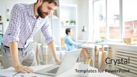  Presentation with business office desk - Colorful PPT theme enhanced with sales reviews - young bearded office worker bending backdrop and a mint green colored foreground