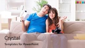  Presentation with television watching - Beautiful PPT layouts featuring watching football on virtual reality backdrop and a  colored foreground