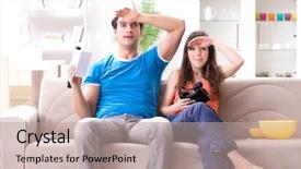  Presentation with virtual reality - Colorful PPT theme enhanced with watching football on virtual reality backdrop and a coral colored foreground