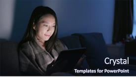  Presentation with look - Cool new PPT theme with watching movies - woman look at tablet computer backdrop and a wine colored foreground