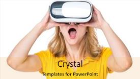  Presentation with virtual reality - Audience pleasing slides consisting of looking in vr glasses people backdrop and a yellow colored foreground