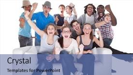  Presentation with television workshops - Beautiful slide deck featuring sports entertainment - group of friends enjoying watching backdrop and a ocean colored foreground