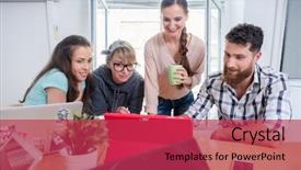  Presentation with employees working together - Presentation theme with watching together a professional business background and a  colored foreground