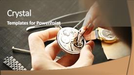  Presentation with mechanical watch - Beautiful presentation featuring watchmaker hands repairing mechanism backdrop and a gray colored foreground