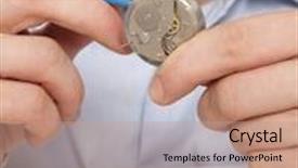  Presentation with craftsman - Cool new PPT theme with watchmaker watch repair craftsman repairing watch backdrop and a coral colored foreground