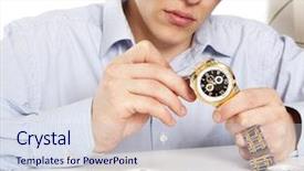  Presentation with craftsman - Presentation consisting of restored part ancient - watchmaker watch repair craftsman repairing background and a sky blue colored foreground