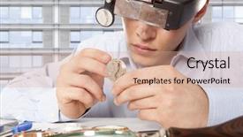  Presentation with craftsman - PPT theme having norology - watchmaker watch repair craftsman repairing background and a coral colored foreground