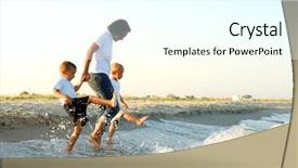  Presentation with cartoon kids holding hands - Beautiful presentation theme featuring water ahead of oncoming waves backdrop and a cool aqua colored foreground