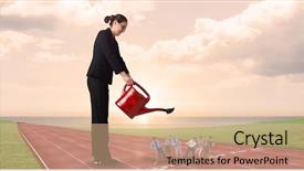  Presentation with running tracks - Presentation theme enhanced with water animation - digital composite of businesswoman watering background and a lemonade colored foreground