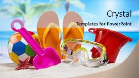  Presentation with beach toys on sand - Colorful theme enhanced with water balls - collection of beach toys accessories backdrop and a arctic colored foreground