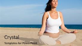  Presentation with baby sitting - Theme consisting of water birth - pregnant female sitting on beach background and a coral colored foreground