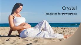  Presentation with childbirth - Theme featuring water birth - pregnant female sitting on beach background and a light blue colored foreground