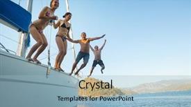  Presentation with yacht - Amazing presentation theme having water boat - group of young friends jumping backdrop and a light blue colored foreground