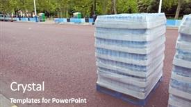  Presentation with water distribution - Colorful slide deck enhanced with plastic pallets - pallet of water bottles ready backdrop and a gray colored foreground