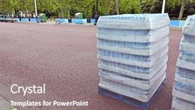  Presentation with water distribution - Audience pleasing PPT layouts consisting of pallet of water bottles ready for distribution backdrop and a gray colored foreground