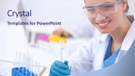  Presentation with vials - Cool new theme with water chemistry - woman researcher is surrounded backdrop and a sky blue colored foreground