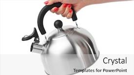  Presentation with automatic hand sanitizer dispenser - Slides enhanced with water cup - stovetop whistling kettle in hand background and a light gray colored foreground