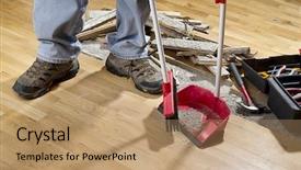  Presentation with floor - Colorful PPT theme enhanced with water damage - unrecognizable person with a broom backdrop and a coral colored foreground