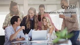  Presentation with strategies - Colorful slides enhanced with water digital - cheerful colleagues using lapyop while backdrop and a light gray colored foreground