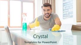  Presentation with flat - Beautiful PPT theme featuring water disinfection - happy bearded man cleaning his backdrop and a sky blue colored foreground