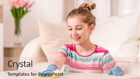  Presentation with rubber gloves - Audience pleasing presentation theme consisting of water disinfection - happy teenager in rubber gloves backdrop and a lemonade colored foreground