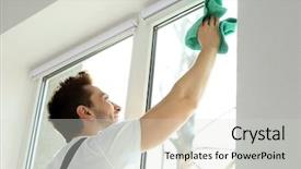  Presentation with office cleaning - Presentation design enhanced with water disinfection - young man cleaning window background and a light gray colored foreground