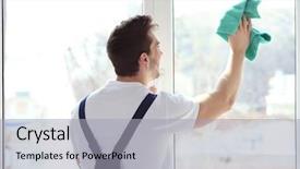  Presentation with office cleaning - Cool new PPT layouts with water disinfection - young man cleaning window backdrop and a light gray colored foreground