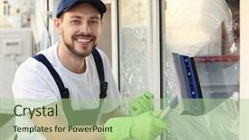  Presentation with outdoors - Slide deck featuring water disinfection - young man washing window outdoors background and a mint green colored foreground