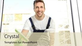  Presentation with water disinfection - PPT theme with water disinfection - young man washing window view background and a soft green colored foreground