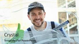  Presentation with water disinfection - Cool new PPT layouts with water disinfection - young man washing window backdrop and a light blue colored foreground