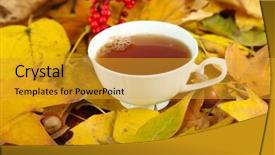  Presentation with water cup - Slide deck enhanced with water drinks maple - cup of hot beverage background and a gold colored foreground
