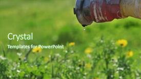  Presentation with water faucet - Presentation theme enhanced with water drop few moments before falling from faucet on green grass background and a tawny brown colored foreground