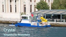  Presentation with water enviroment sanitation - Slides consisting of water enviroment sanitation - trash skimmer boat cleaning garbage background and a ocean colored foreground