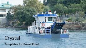  Presentation with motor boat in the sea - Beautiful theme featuring water enviroment sanitation - trash skimmer boat cleaning sea backdrop and a light blue colored foreground