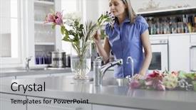  Presentation with water faucet - Theme featuring water faucet - middle aged woman smelling flowers background and a light gray colored foreground