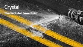  Presentation with asphalt pavement - PPT layouts with water flow pipe - fire hose leaking on pavement background and a dark gray colored foreground