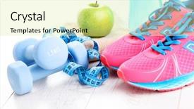  Presentation with green apple - Audience pleasing presentation consisting of water health - fitness concept with dumbbells backdrop and a blonde colored foreground