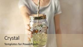  Presentation with mason jar - Slide set with water health - woman holding lemonade in mason background and a coral colored foreground