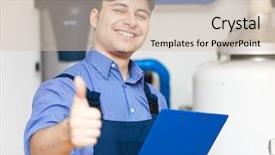  Presentation with thumbs up - Presentation with water heater - young plumber with thumbs up background and a soft green colored foreground